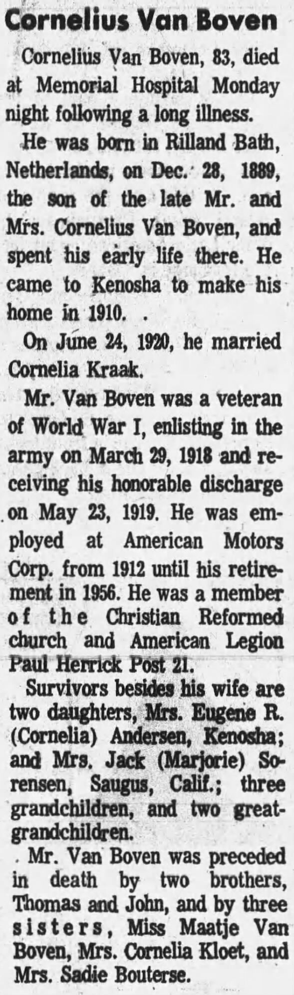 Obituary for Cornelius Van Boven (Aged 83)